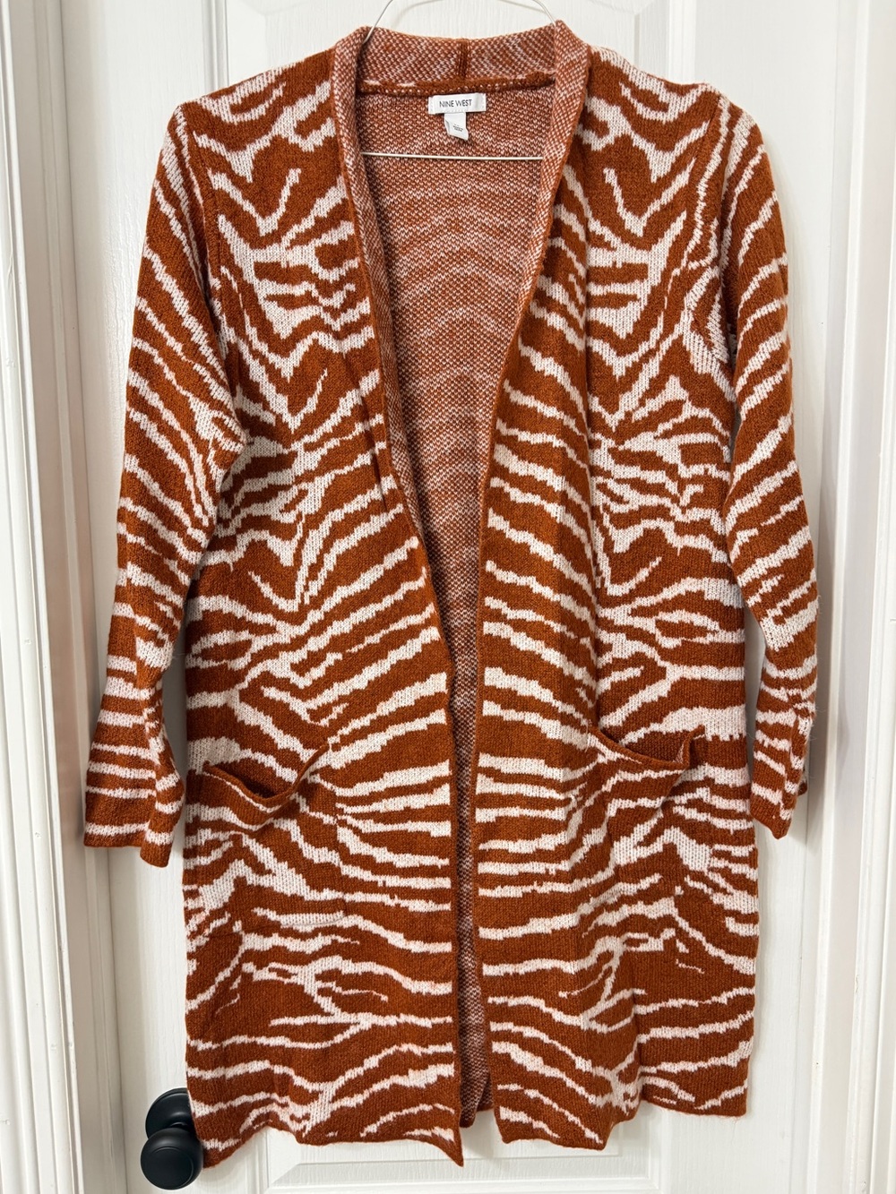 Nine West burnt orange zebra print open front cardigan front pockets Size M